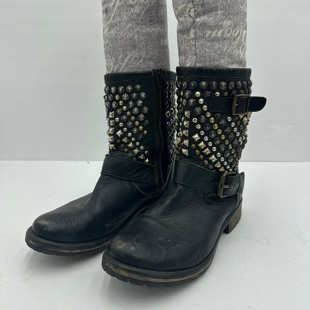 Steve Madden Womens Marcoo Black Leather Studded Moto Biker Boots Size 8M Punk